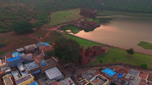 Badami cave temple aerial view at sunrise located in Karnataka, India