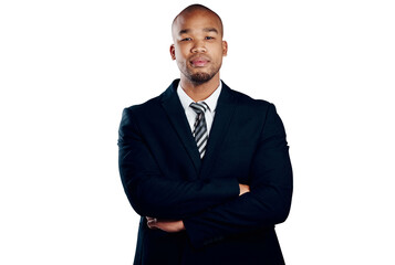Portrait, business man and professional with arms crossed isolated on a transparent png background....