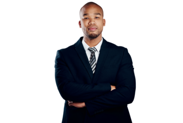 Portrait, business man and professional with arms crossed isolated on a transparent png background. Face, pride and serious entrepreneur, confident worker and employee or consultant in suit in Brazil