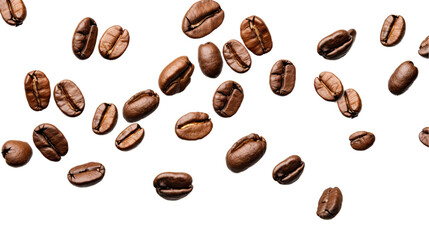 Falling coffee beans in air. Isolated on Transparent background.