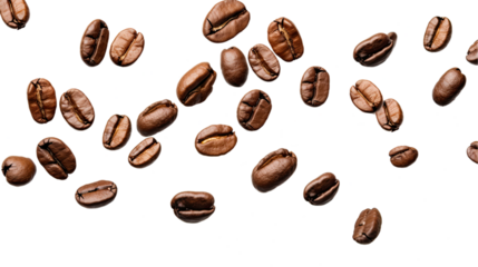 Falling coffee beans in air. Isolated on Transparent background.