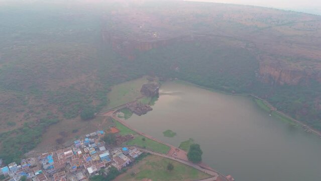 Badami cave temple aerial view at sunrise located in Karnataka, India
