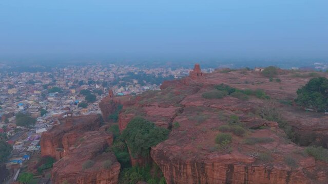Badami cave temple aerial view at sunrise located in Karnataka, India