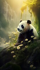 An isolated Giant panda exploring a tranquil meadow, its solitary presence adding to the peaceful...
