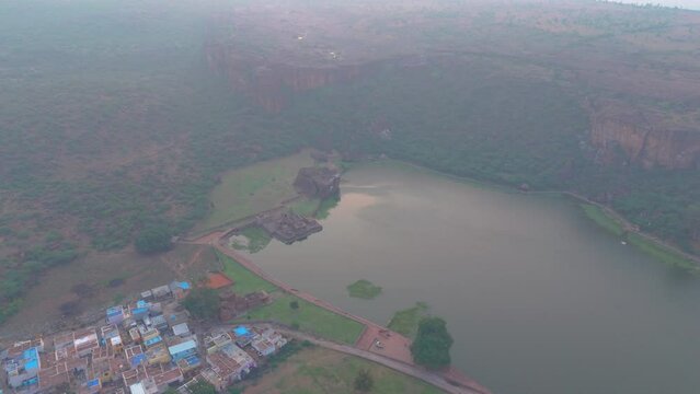 Badami cave temple aerial view at sunrise located in Karnataka, India