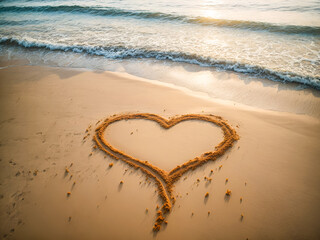 A heart drawn in the sand of a serene beach