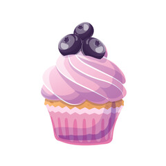 Blueberry muffin in cartoon style. Vector illustration for poster, banner, website, advertising. Vector illustration with colorful sweet dessert.