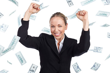 Portrait, money rain and employee with celebration, woman and winner isolated on transparent...