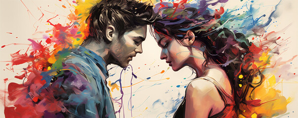 Vibrant Rainbow Watercolor Painting, Young Couple in a Loving Embrace, Chaotic Paint Splatter Representing Strong Emotions, Generative AI