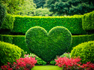 A green heart-shaped topiary in the center of a lush garden