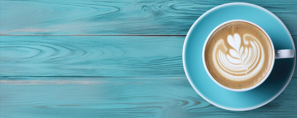 Top view of matcha latte on wooden background in blue color.