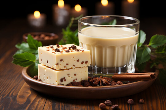 Healthy eggnog bar with cheesecake and nuts.  Diet food concept