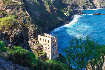 North Tenerife island coastline and abandoned ruin of Gordejuela. Casa Hamilton in Los Realejos