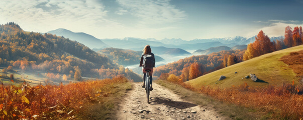 Woman riding bike at sunny day in field way. Rear view of girl riding bicycle.