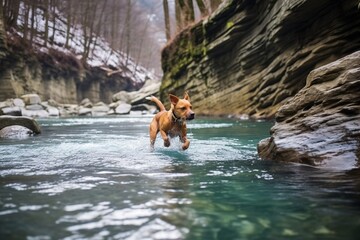 dog playing ball in water river
