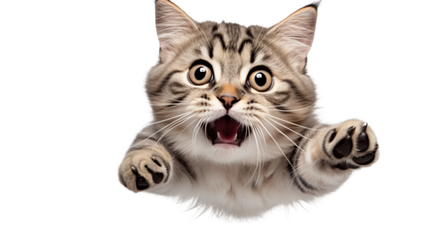 Happy cat jumping in air with funny expression. Isolated on Transparent background.