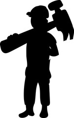 Construction. A builder in a hard hat with a hammer on his shoulder. Tools on the belt. Cartoon. Vector r Silhouette