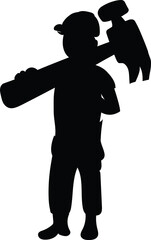 Construction. A builder in a hard hat with a hammer on his shoulder. Tools on the belt. Cartoon. Silhouette