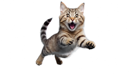 Happy cat jumping in air with funny expression. Isolated on Transparent background.