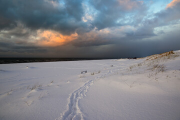 Fototapeta na wymiar Snowy coast of Baltic sea next to Liepaja, Latvia.