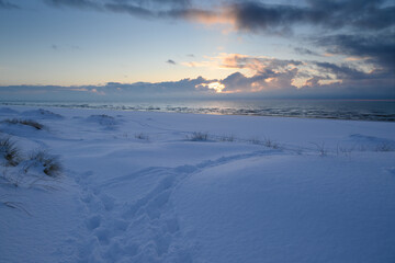 Fototapeta na wymiar Snowy coast of Baltic sea next to Liepaja, Latvia.