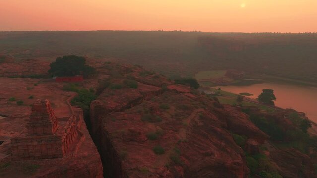 Badami cave temple aerial view at sunrise located in Karnataka, India