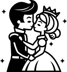 Prince kissing princess silhouette in black color. Vector template.