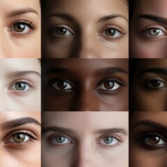 Iris. Diversity of eye colors. Shapes of eyebrows. Eyelash. Makeup. Series of faces of different races. Beauty industry. Mascara. Phenotype, race. Eyeball. Pupils. Black and white women