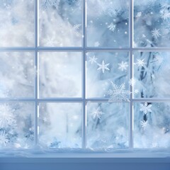 Beautiful winter image of a window in icy snowflakes in white, snowy and icy colors with empty space in the style of minimalism and aesthetics (Ai generation)