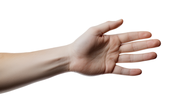 White american old man hand trying to reach something. Isolated on Transparent background.