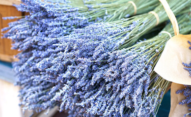 Nice. French market. Close up view of dried lavender flowers with bracts. Light purple colour....