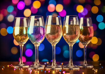 Glasses of champagne in front of multicoloured festive bokeh. 