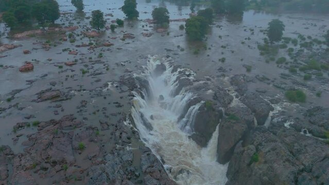 Aerial view of hogenakkal scenic waterfalls in Tamilnadu India in slowmotion 4K