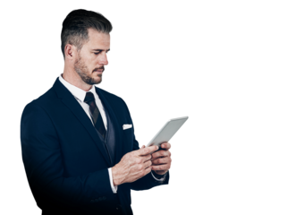 Businessman, reading and tablet for news, article or information by internet, network or connection. Person, holding and technology for telecommunication on isolated or transparent png background