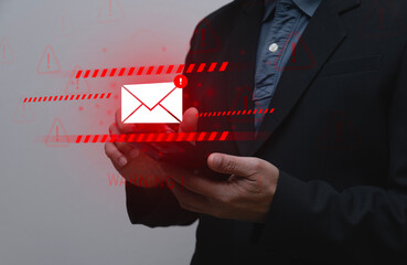 Alert Email inbox and spam virus with warning caution for notification on internet letter security protect, junk and trash mail and compromised information
