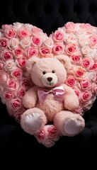 An isolated heart-shaped pillow surrounded by pink roses, with a cuddly teddy bear nestled in the center