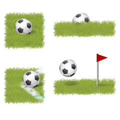 Soccer ball on field with green grass and white line. Vector realistic background .