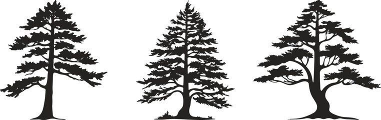 Set of black trees on a white background.