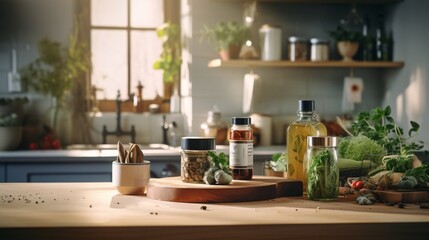 Fototapeta na wymiar image that elegantly unfolds the visual story of an empty Podium, enhanced by a thoughtful interplay of light and shadows against a softly blurred Kitchen background for product display