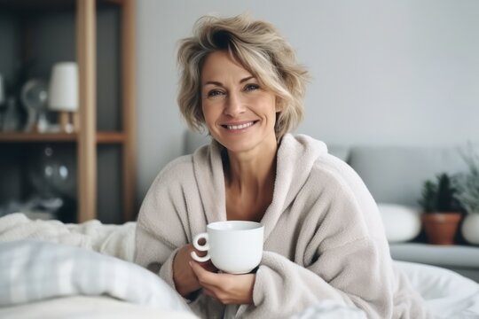 Portrait of happy mature woman with cup of coffee in bed at home