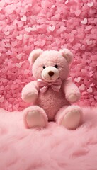 An isolated pink teddy bear sitting on a fluffy pink rug, surrounded by heart-shaped confetti, creating a playful and romantic setting