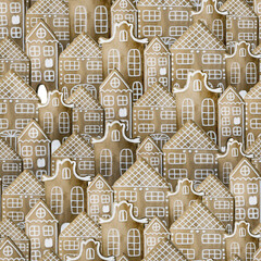Watercolor seamless pattern with gingerbread houses. Christmas winter holiday design for wrapping, textile, wallpaper