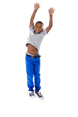Happy, jumping and portrait of young child for crazy, goofy and playing for fun celebration. Smile, youth and cute boy kid with playful and excited energy isolated by transparent png background. © Mayur/peopleimages.com