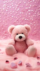 An isolated pink teddy bear sitting on a fluffy pink rug, surrounded by heart-shaped confetti, creating a playful and romantic setting