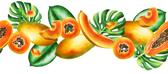Marker seamless border with sweet ripe slice of papaya with grains, tropical leafs, monstera in watercolor style. Hand drawn realistic tasty organic illustration of exotic tropical fruit isolated on 