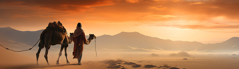 A Girl With A Camel Walks Through The Hot Desert. Illustration On The Theme Of Travel And Tourism, History And Trade, Climate And Countries. Generative AI