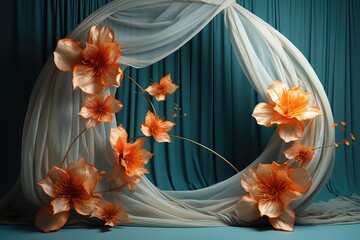 Maternity backdrop, wedding backdrop, photography background, maternity props, Light hoop weaved tangerine and teal flowers, elegant wall background, flowing  satin drape, backdrop, giant flowers