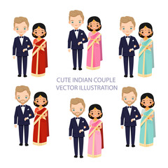 vector illustration elements of a cute Indian couple in wedding outfits for decoration on the wedding invitation 