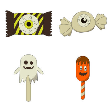 Halloween Candy With Cute Cartoon Design. Isolated On White Background. Vector Illustration Set. 