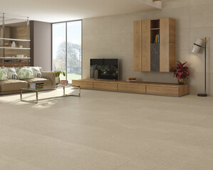 Big beige marble flooring and cozy corner sofa in modern living room with big windows open to dining area interior, black lamp, coffee table, empty poster on wall, wooden furniture. 3D Rendering